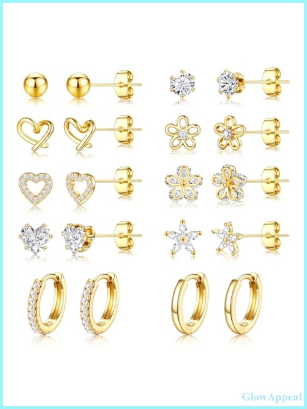 8 Pairs Gold Plated Stud & Hoop Earring Set Hypoallergenic for Women